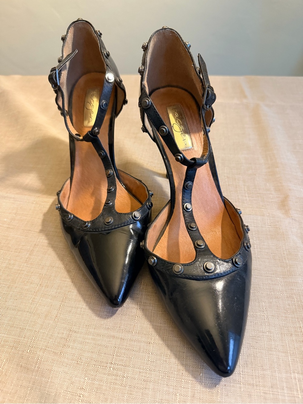 Halogen Black Studded T-Strap Pointed Toe Heels